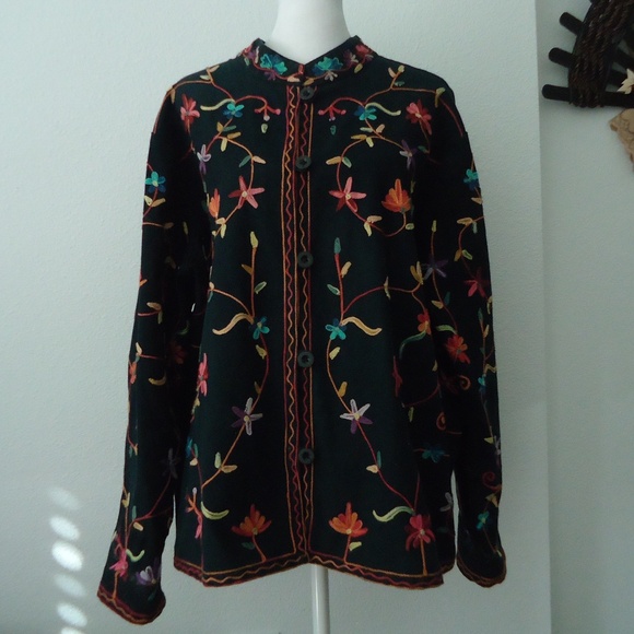 BFA Classics Embroidered Floral Black Jacket Cotton Long Sleeve Western Boho - Picture 2 of 10